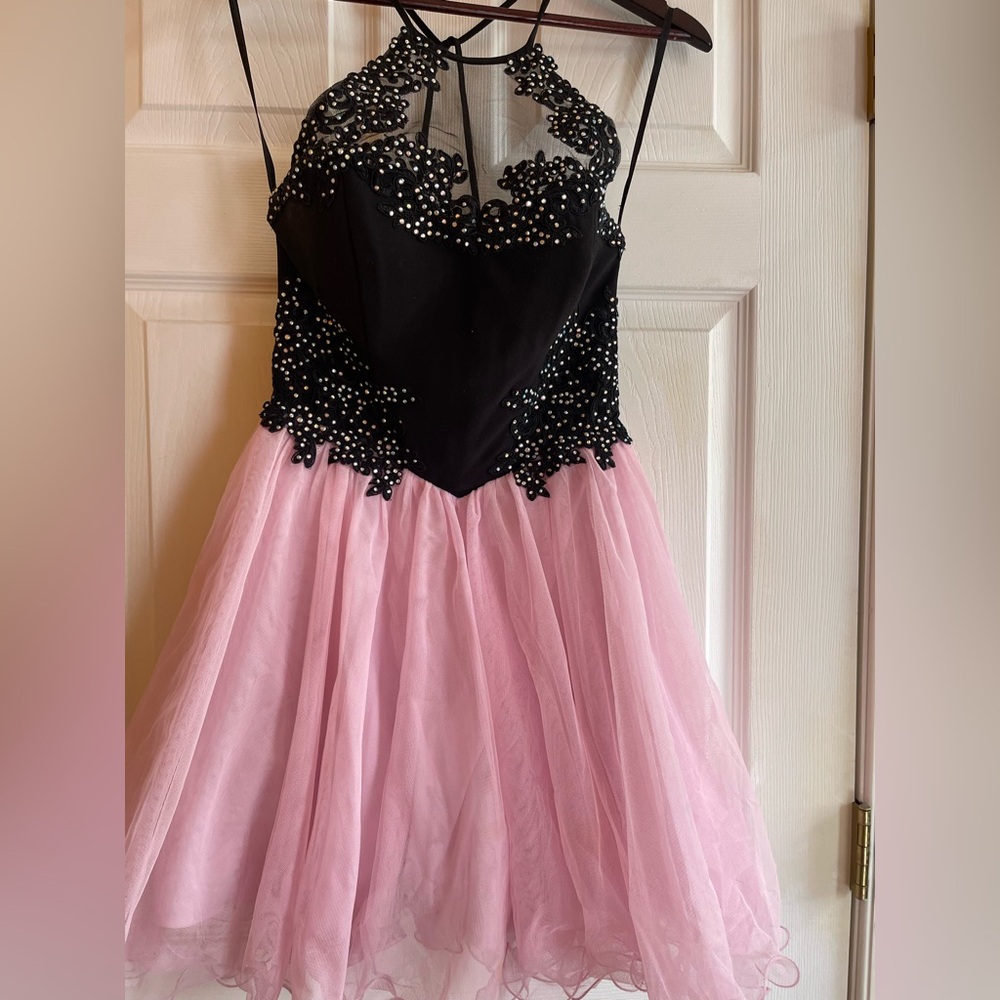 Blondie Nites Black and Pink Beaded Mini Dress